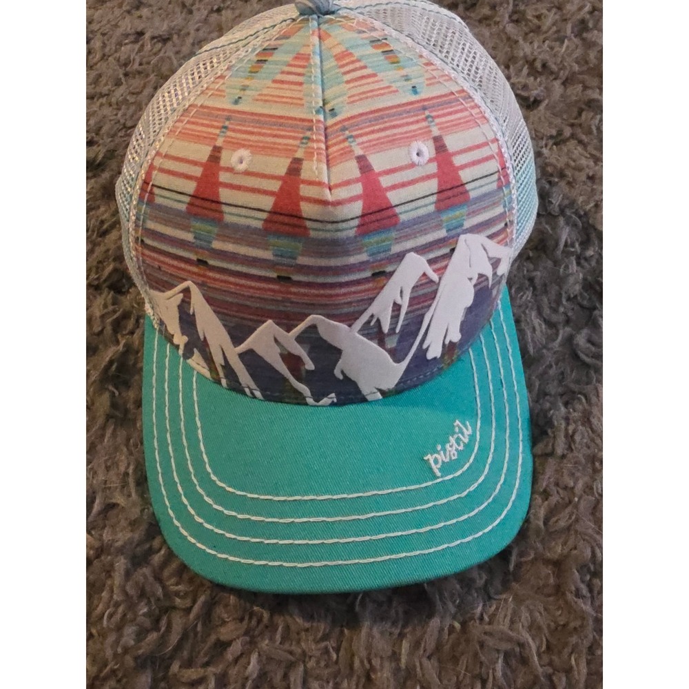 Pistil Womens Mountain Graphic Mesh Trucker Hat Teal Blue Snapback Cap